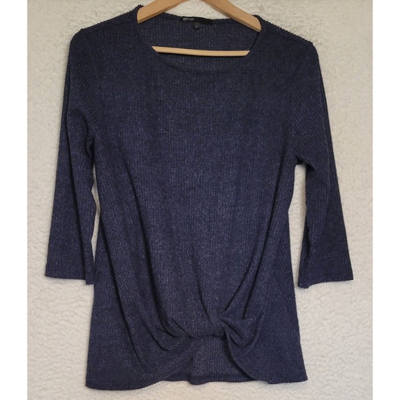 Gibson Tops - Gibson Blue Knit Top Size Large Twist Hem High Neck 3/4 Sleeve 1003